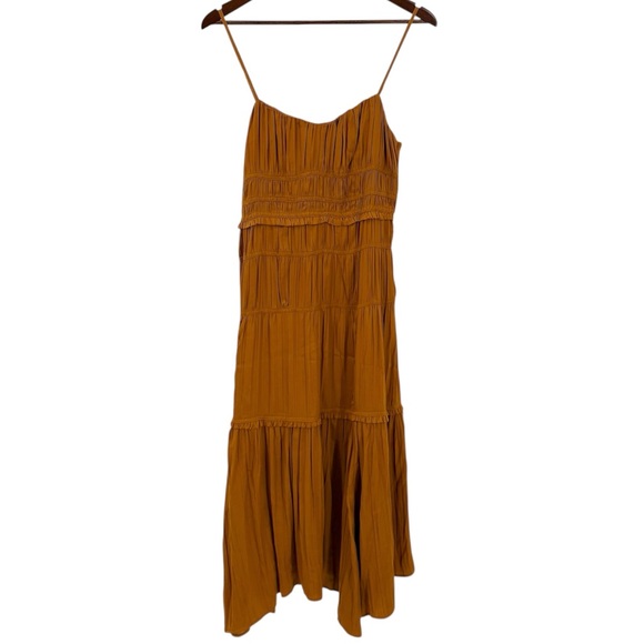 Anthropologie Gold Tiered Ruched Midi Dress Size 8 - Picture 2 of 12